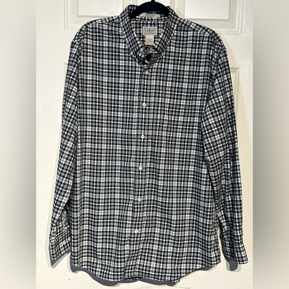 L.L. Bean Mens Large Black / White Plaid Long Sleeve Button Down Wrinkle Free